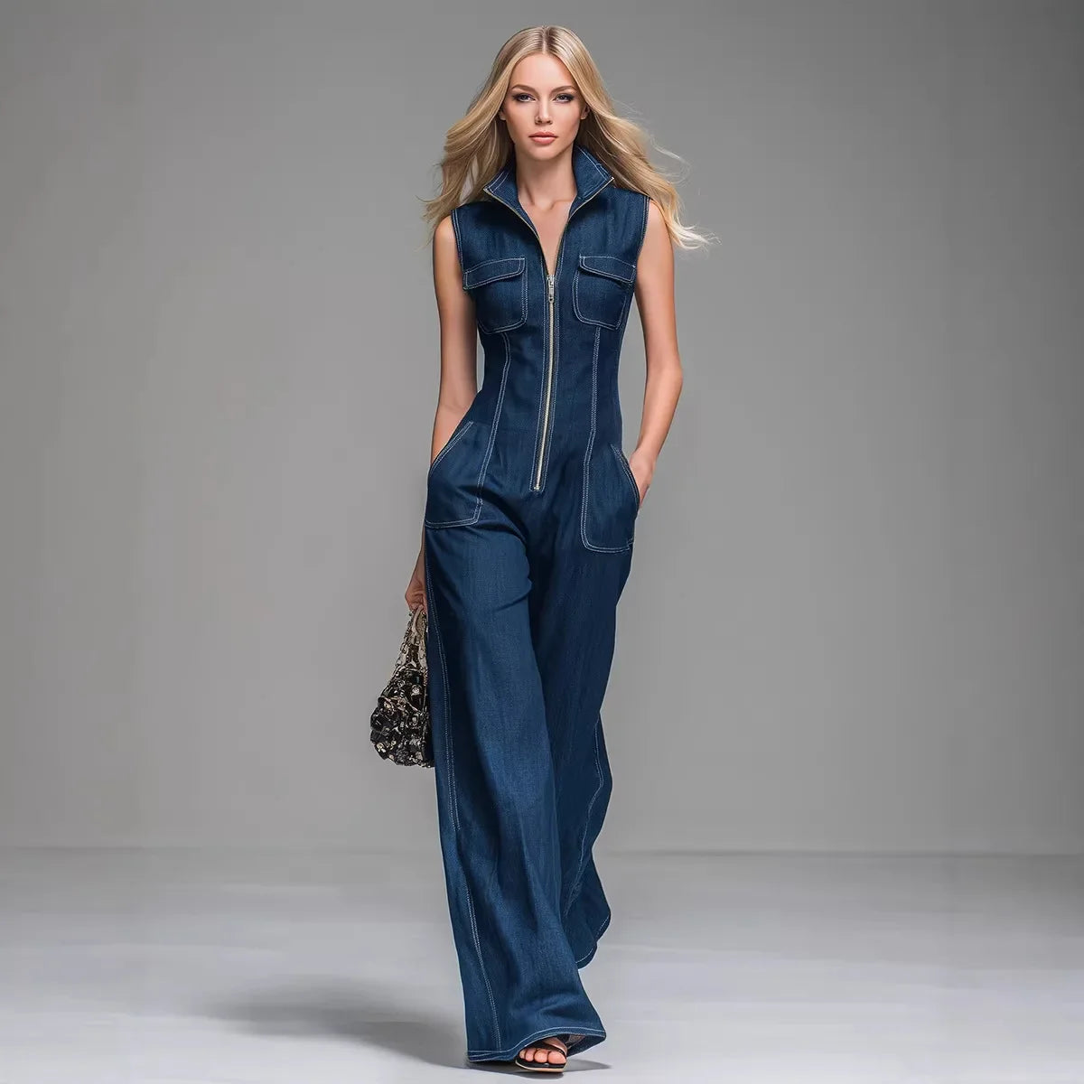 Women’s Sleeveless Denim Cargo Jumpsuit – High Waist Wide Leg Utility Casual Outfit