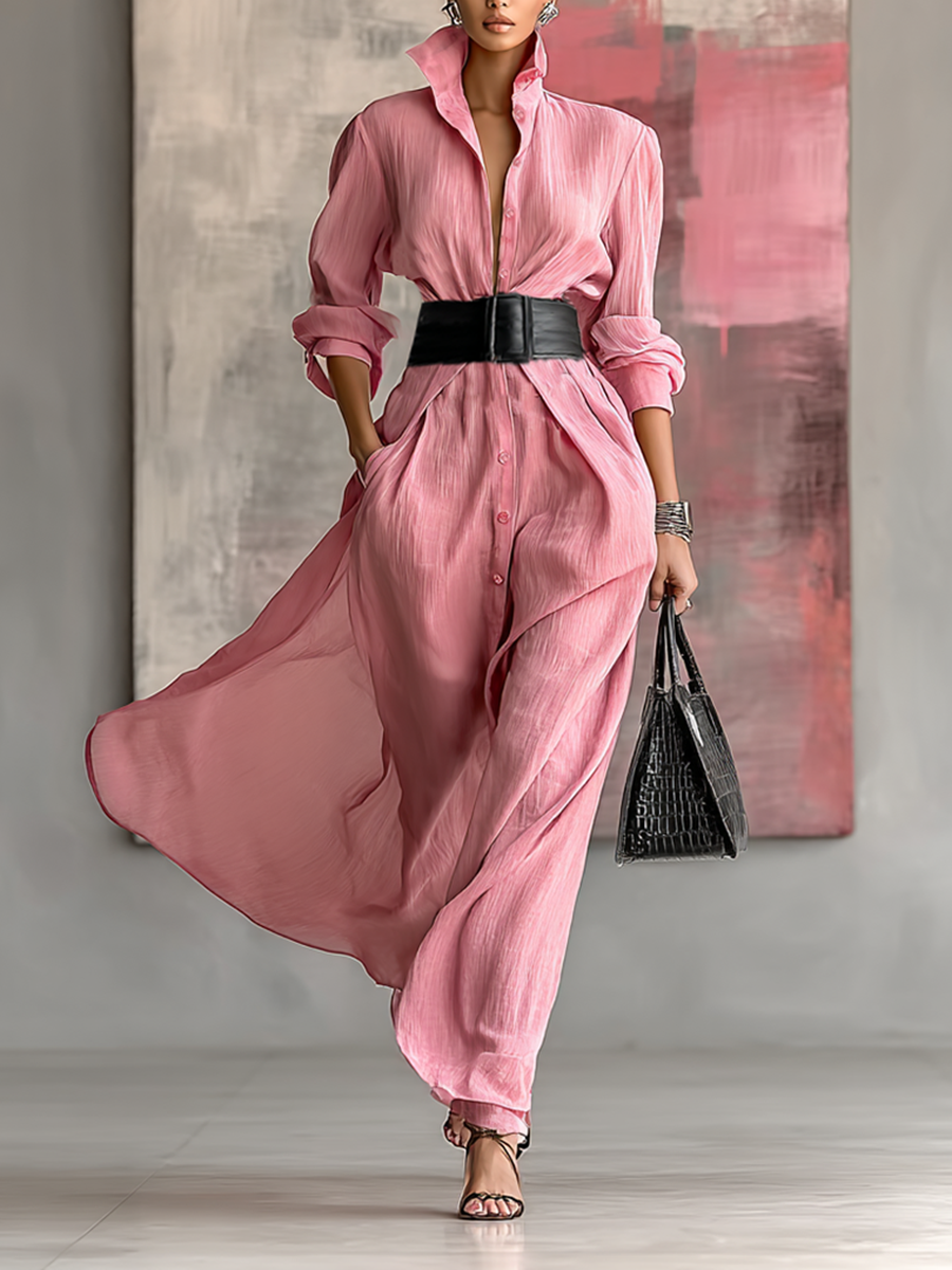 Ella | Solid Color Lapel Long Sleeve Belted Maxi Shirt Dress – Minimalist Tailored Style
