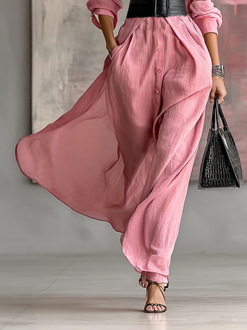 Ella | Solid Color Lapel Long Sleeve Belted Maxi Shirt Dress – Minimalist Tailored Style