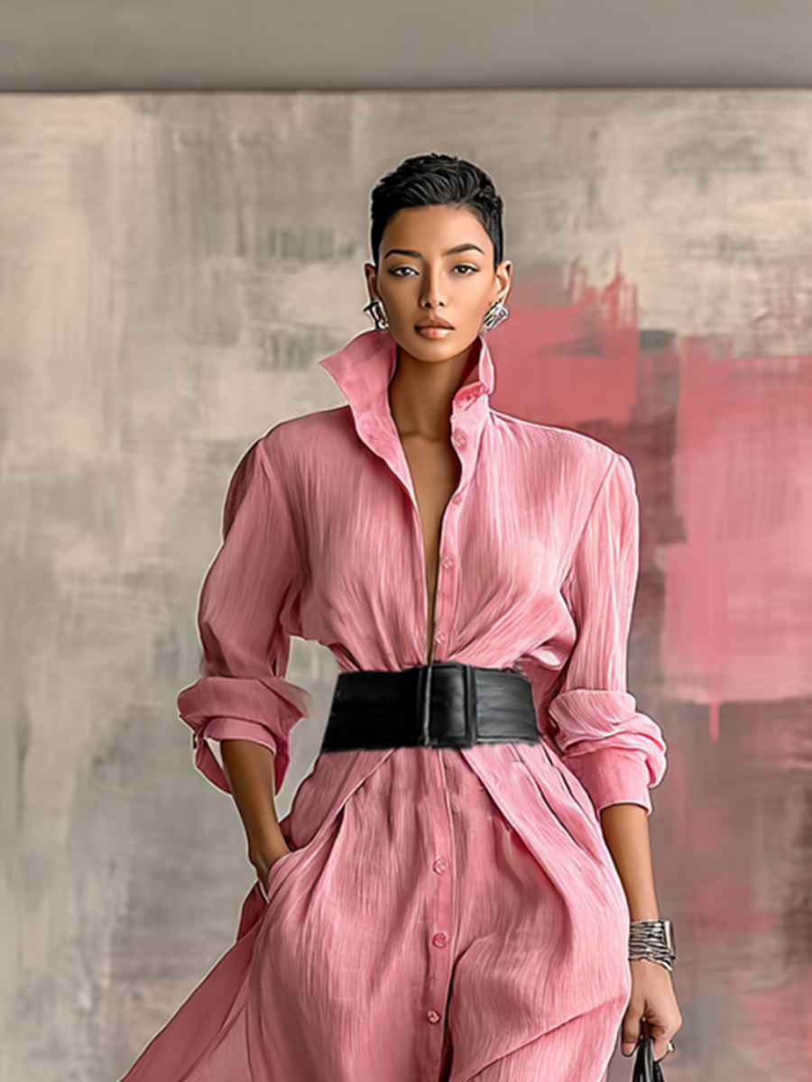 Ella | Solid Color Lapel Long Sleeve Belted Maxi Shirt Dress – Minimalist Tailored Style