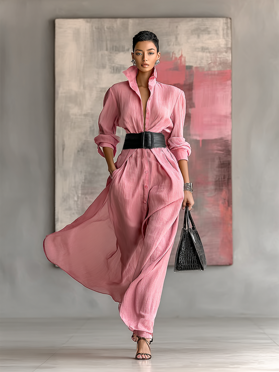 Ella | Solid Color Lapel Long Sleeve Belted Maxi Shirt Dress – Minimalist Tailored Style