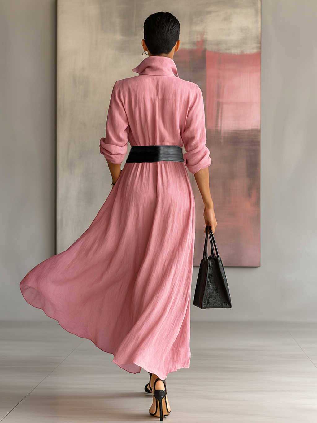Ella | Solid Color Lapel Long Sleeve Belted Maxi Shirt Dress – Minimalist Tailored Style
