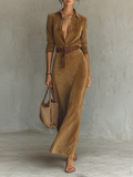 Women’s Belted Faux Suede Maxi Dress – Button Front Long Sleeve Dress