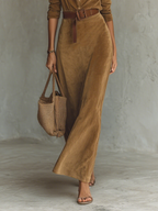 Women’s Belted Faux Suede Maxi Dress – Button Front Long Sleeve Dress