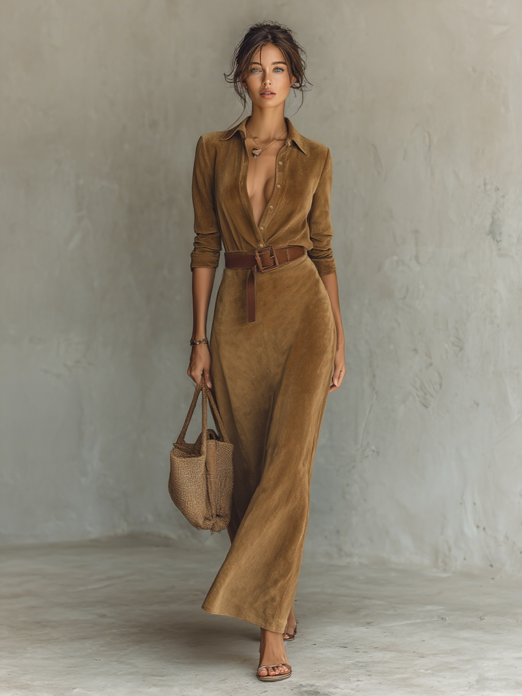 Women’s Belted Faux Suede Maxi Dress – Button Front Long Sleeve Dress