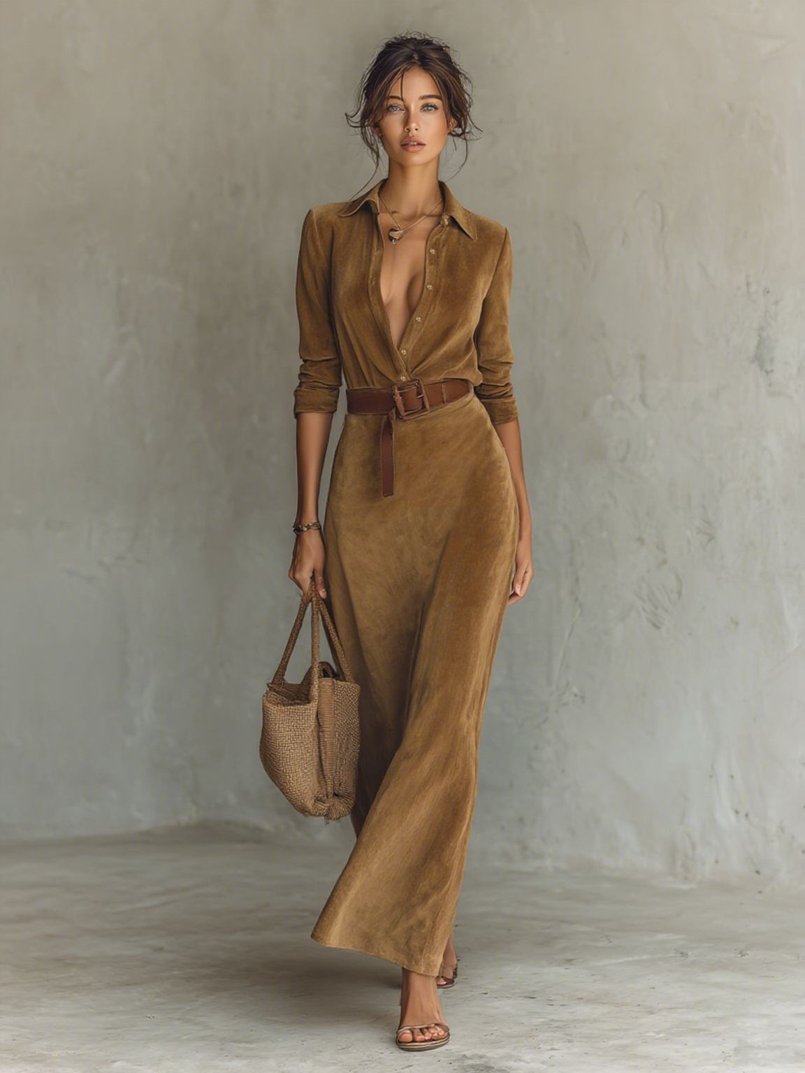 Women’s Belted Faux Suede Maxi Dress – Button Front Long Sleeve Dress