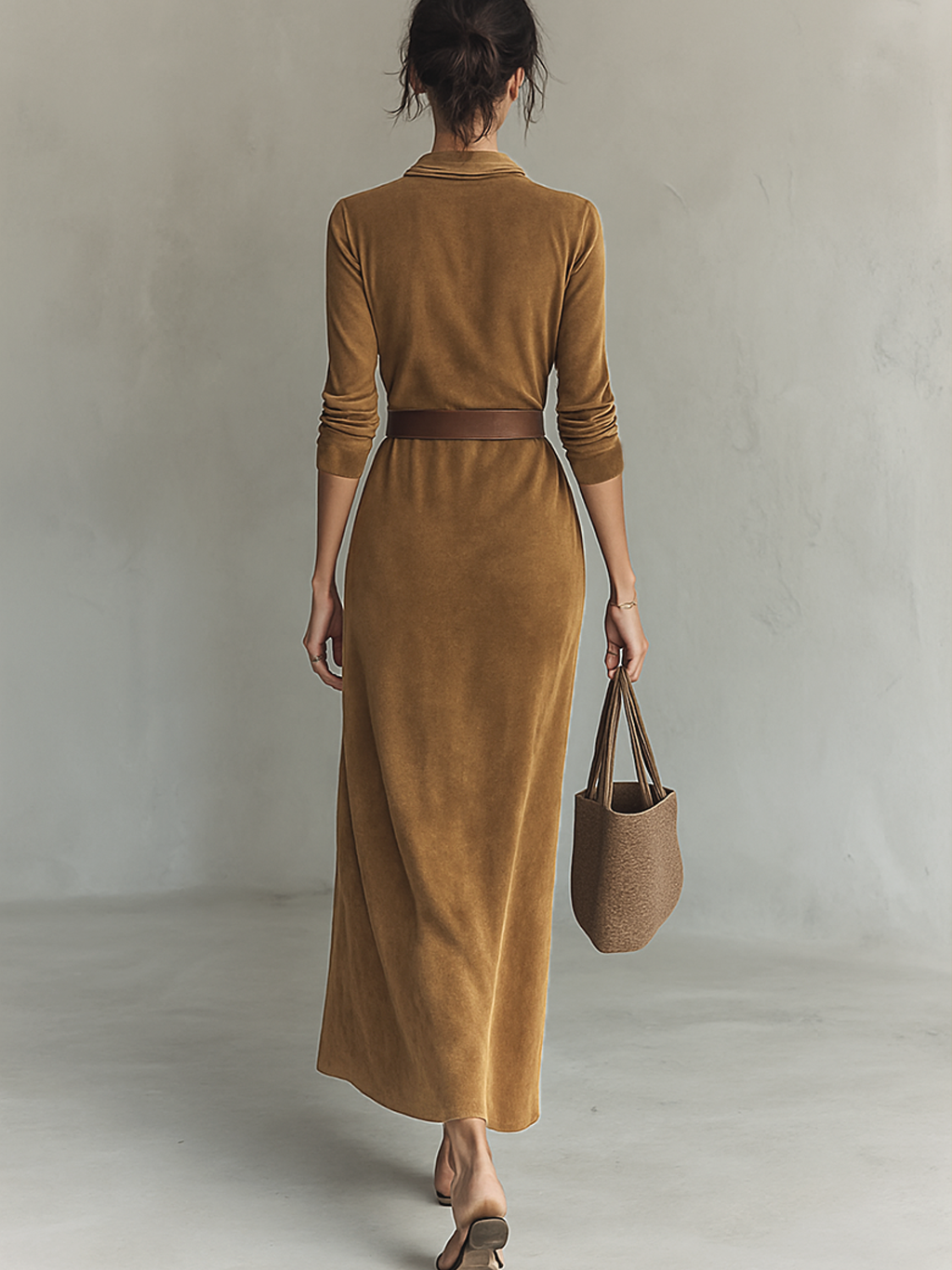 Women’s Belted Faux Suede Maxi Dress – Button Front Long Sleeve Dress