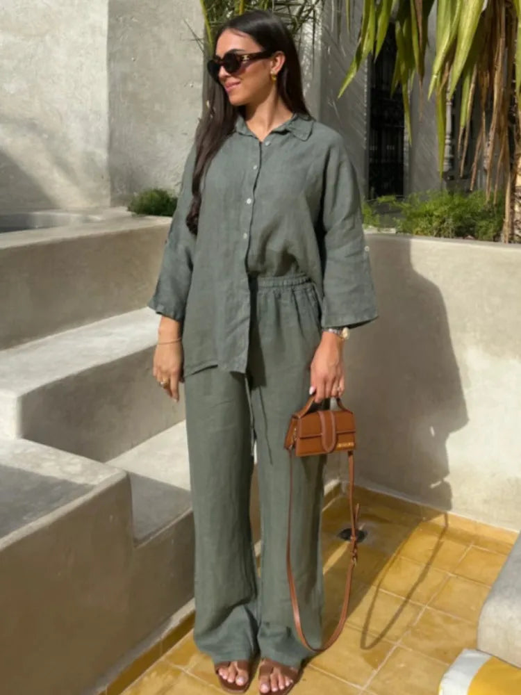 Women’s Cotton Linen Button Shirt and Pants Set