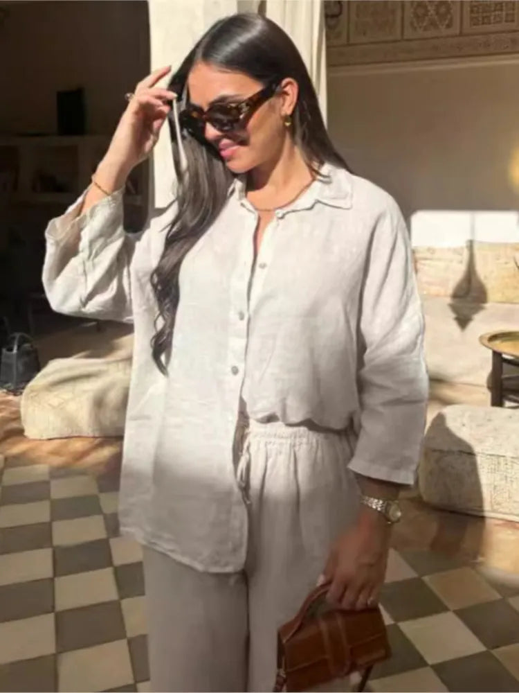 Women’s Cotton Linen Button Shirt and Pants Set