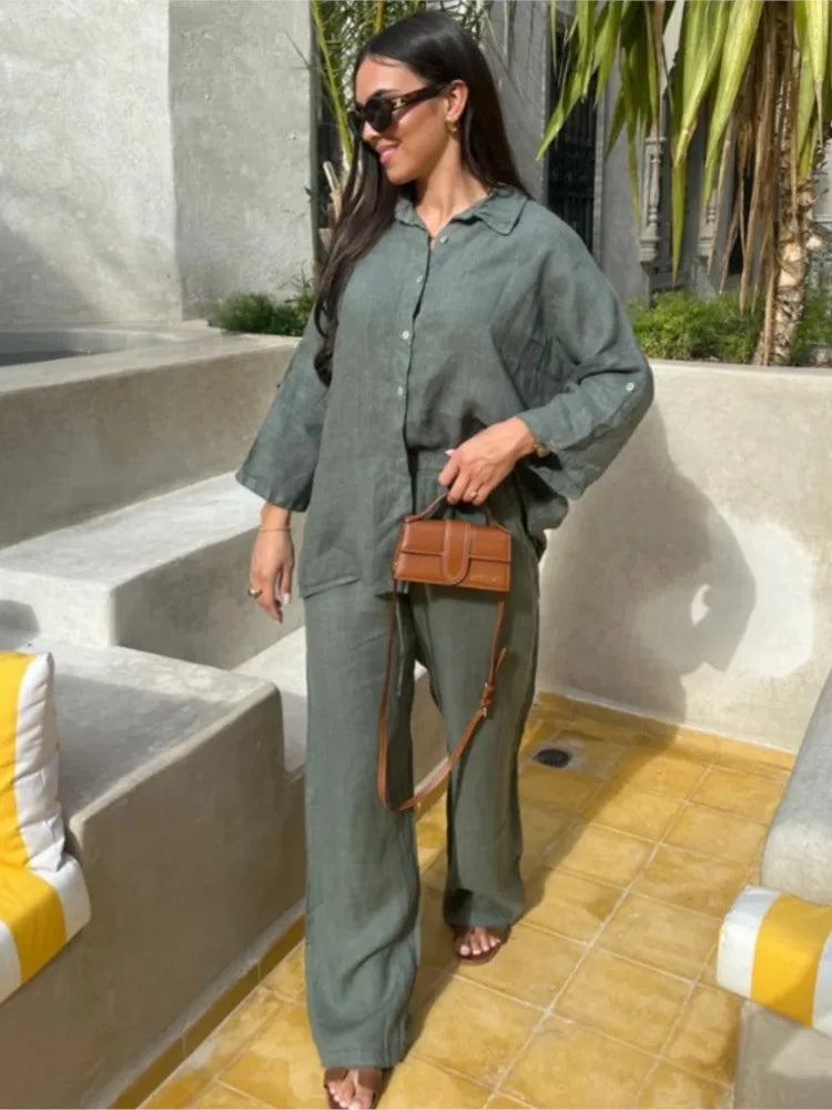 Women’s Cotton Linen Button Shirt and Pants Set
