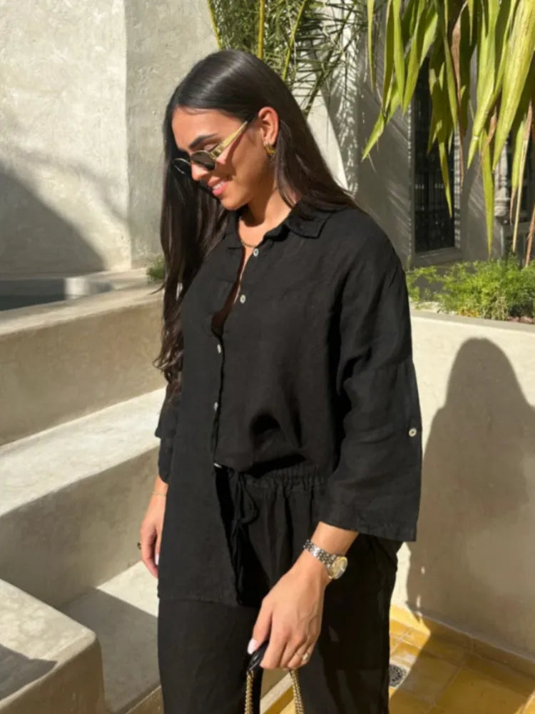Women’s Cotton Linen Button Shirt and Pants Set