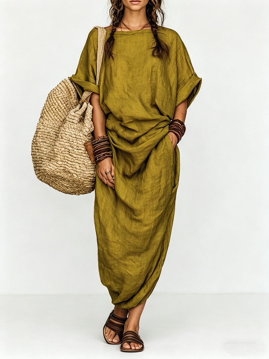 Olive Green Boho Maxi Dress – Women's Oversized Draped Linen-Look Dress with Pockets