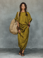 Olive Green Boho Maxi Dress – Women's Oversized Draped Linen-Look Dress with Pockets