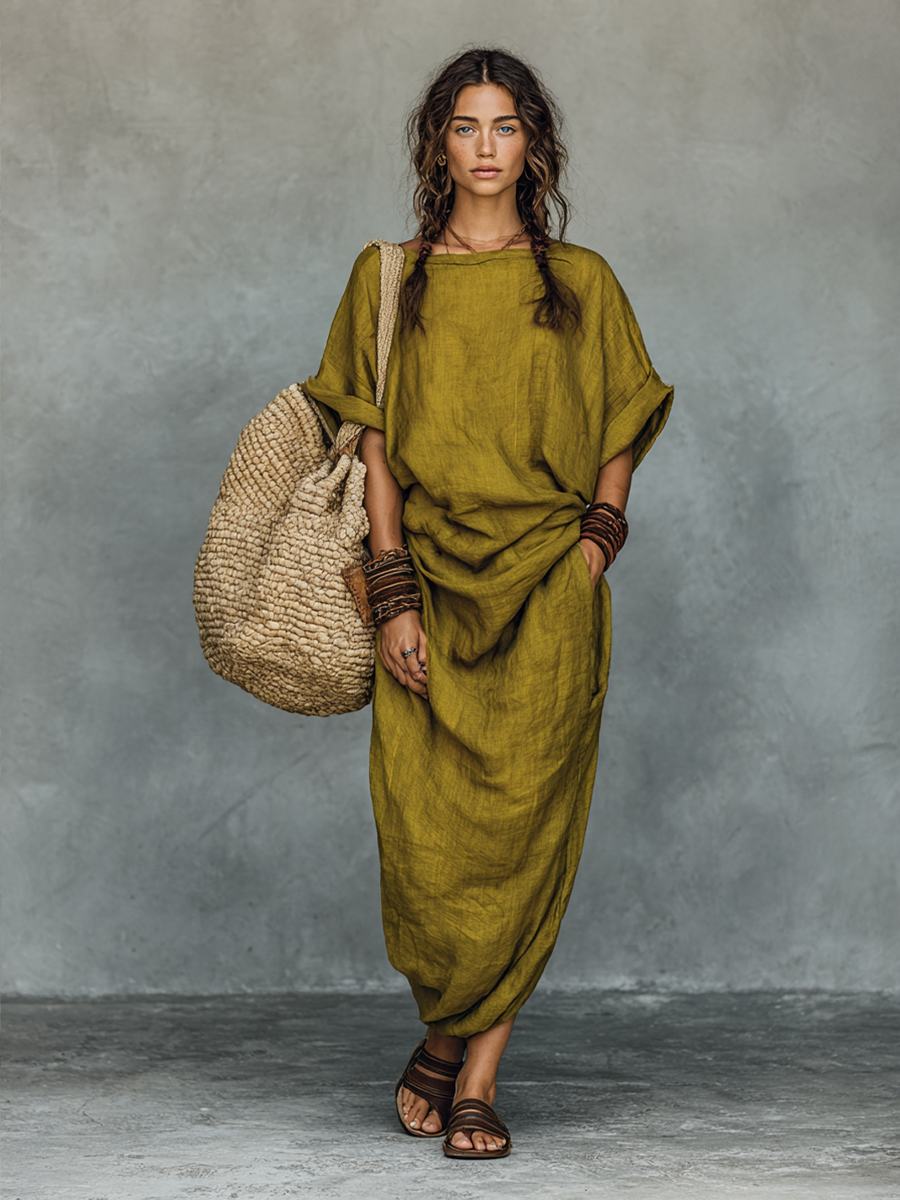Olive Green Boho Maxi Dress – Women's Oversized Draped Linen-Look Dress with Pockets