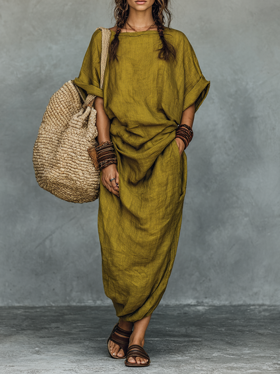 Olive Green Boho Maxi Dress – Women's Oversized Draped Linen-Look Dress with Pockets