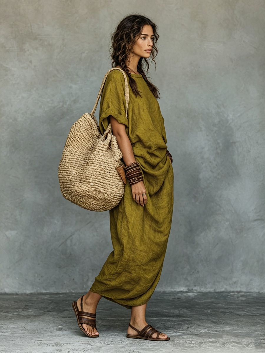 Olive Green Boho Maxi Dress – Women's Oversized Draped Linen-Look Dress with Pockets