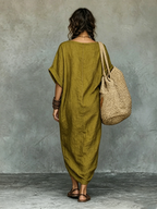 Olive Green Boho Maxi Dress – Women's Oversized Draped Linen-Look Dress with Pockets