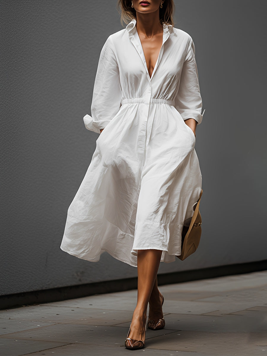 Women’s White Linen Shirt Collar Midi Dress with Elastic Waist – Effortless Chic