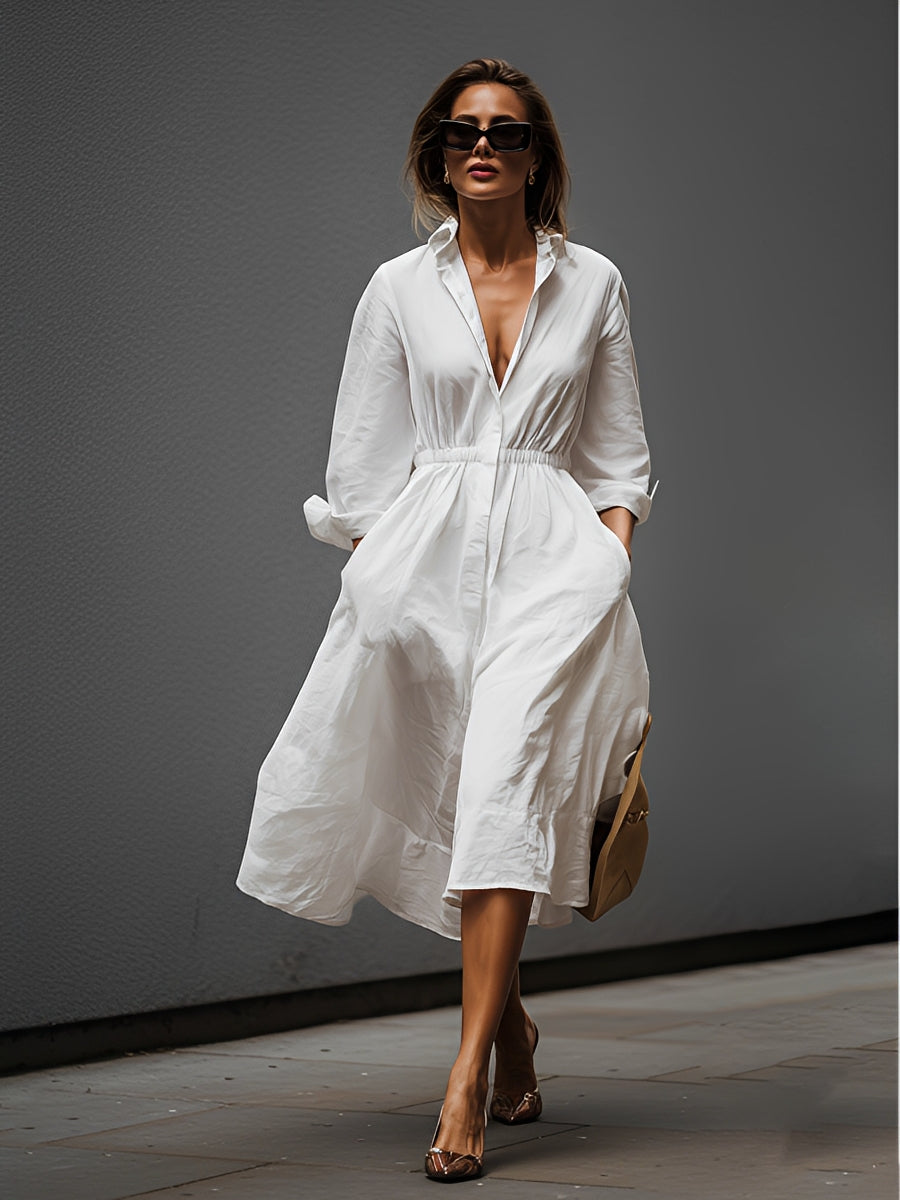 Women’s White Linen Shirt Collar Midi Dress with Elastic Waist – Effortless Chic