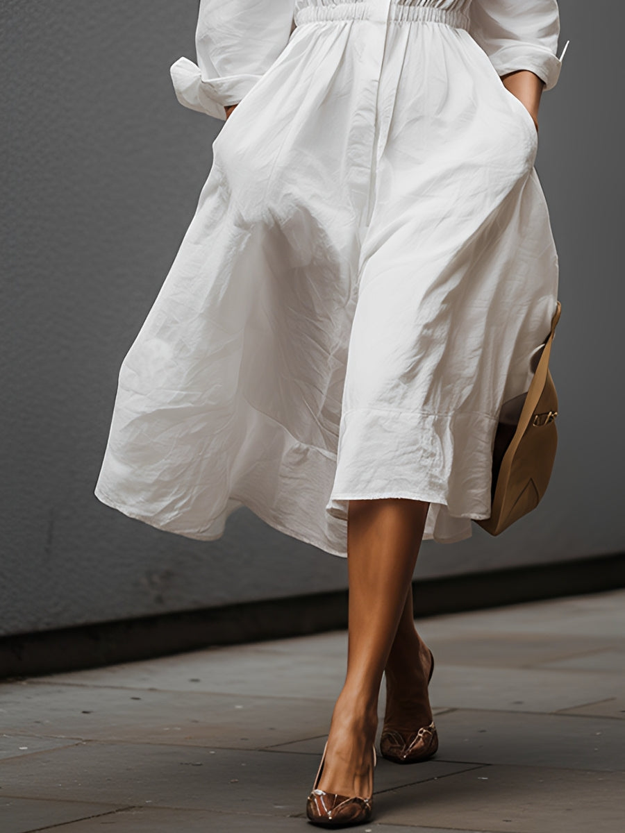 Women’s White Linen Shirt Collar Midi Dress with Elastic Waist – Effortless Chic