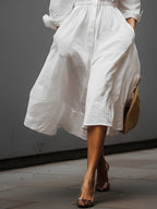 Women’s White Linen Shirt Collar Midi Dress with Elastic Waist – Effortless Chic