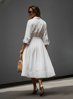 Women’s White Linen Shirt Collar Midi Dress with Elastic Waist – Effortless Chic