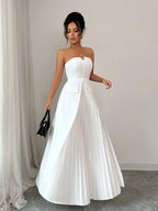 White Strapless Pleated Maxi Dress Sweetheart Neckline Button Detail A-Line Formal Gown Elegant Evening Dress