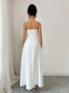 White Strapless Pleated Maxi Dress Sweetheart Neckline Button Detail A-Line Formal Gown Elegant Evening Dress