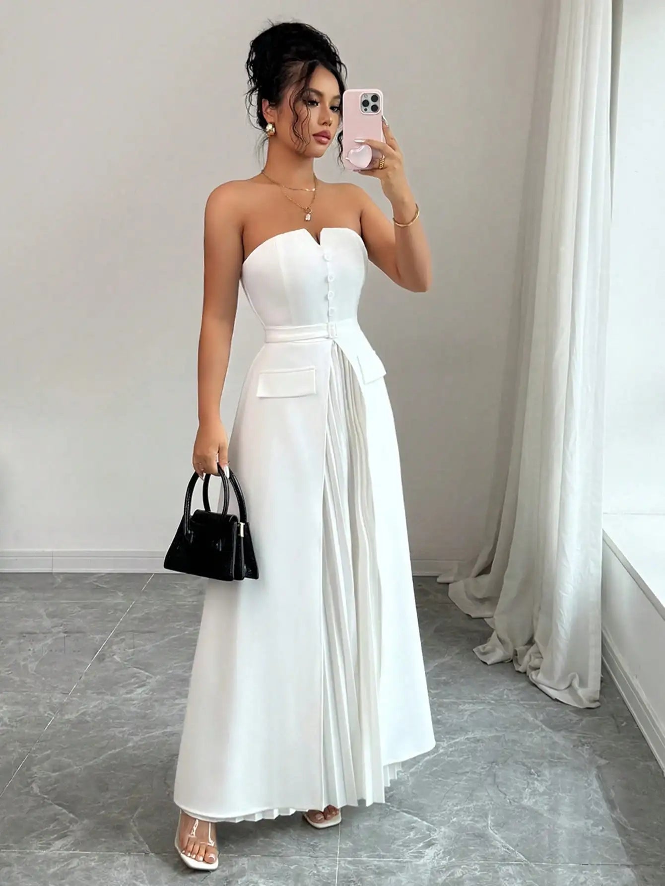 White Strapless Pleated Maxi Dress Sweetheart Neckline Button Detail A-Line Formal Gown Elegant Evening Dress