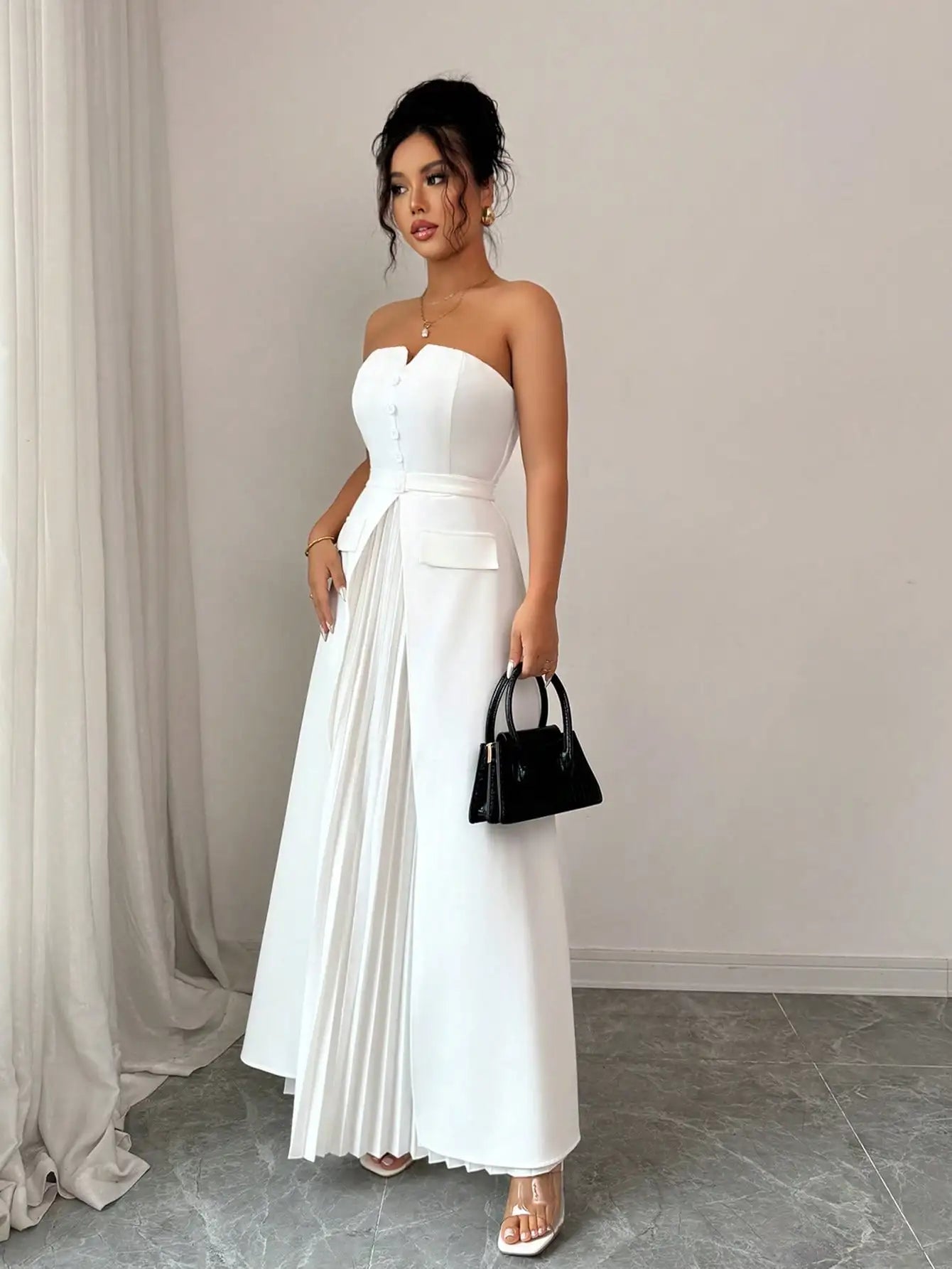 White Strapless Pleated Maxi Dress Sweetheart Neckline Button Detail A-Line Formal Gown Elegant Evening Dress