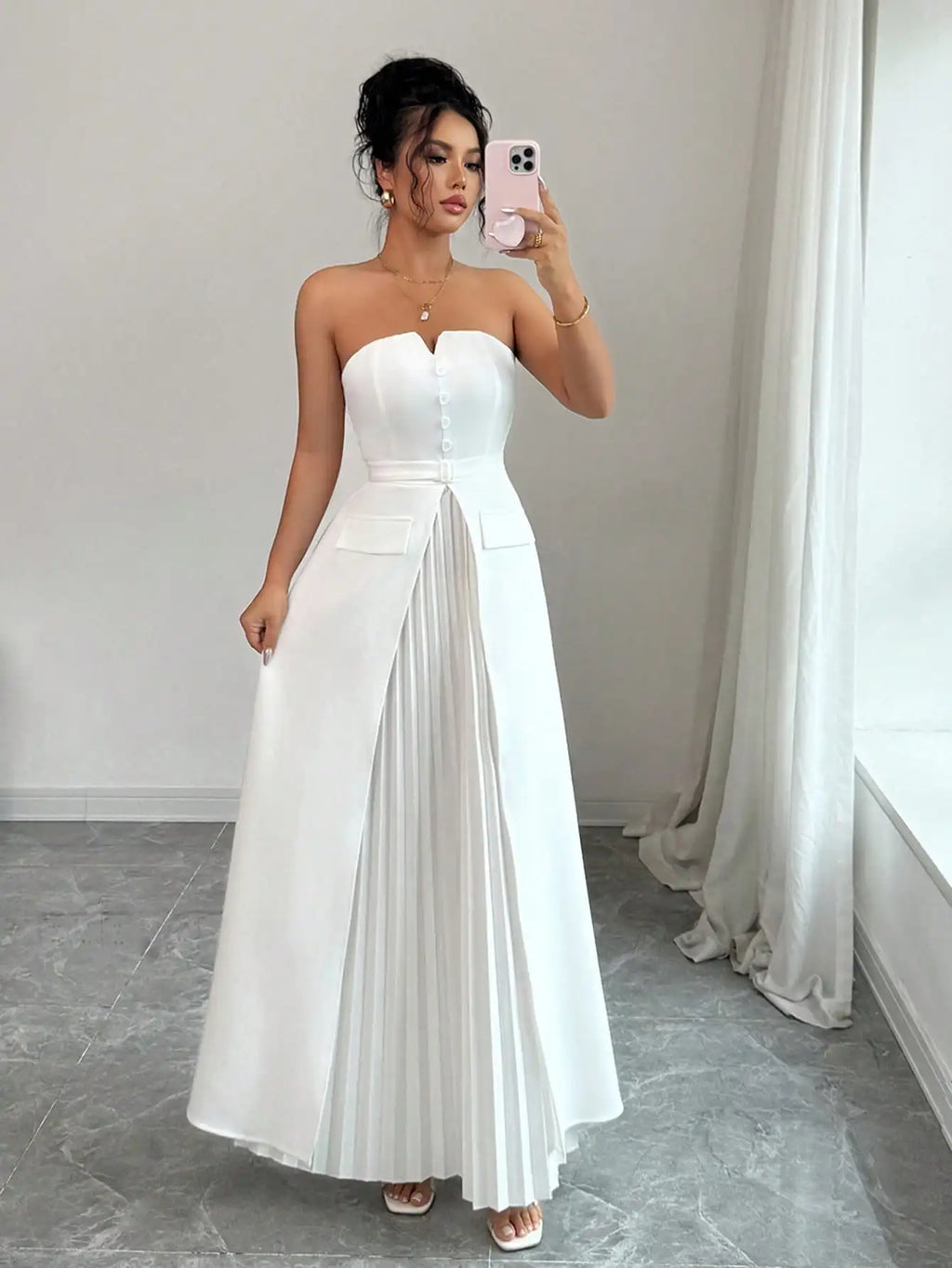 White Strapless Pleated Maxi Dress Sweetheart Neckline Button Detail A-Line Formal Gown Elegant Evening Dress