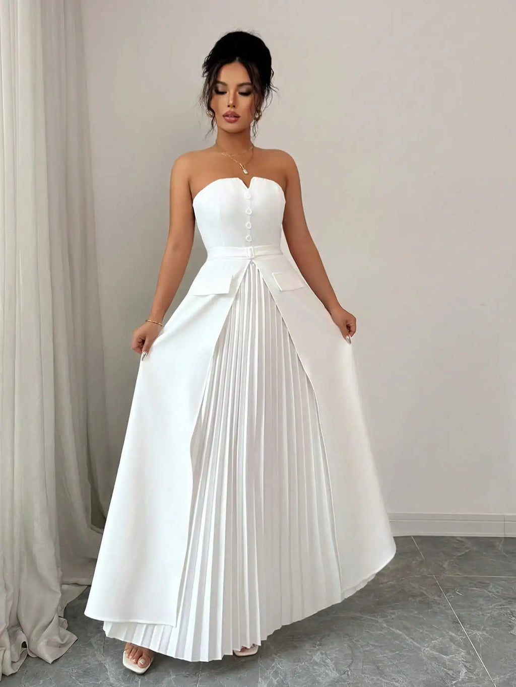White Strapless Pleated Maxi Dress Sweetheart Neckline Button Detail A-Line Formal Gown Elegant Evening Dress