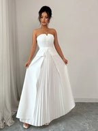 White Strapless Pleated Maxi Dress Sweetheart Neckline Button Detail A-Line Formal Gown Elegant Evening Dress