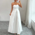 White Strapless Pleated Maxi Dress Sweetheart Neckline Button Detail A-Line Formal Gown Elegant Evening Dress