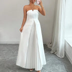 White Strapless Pleated Maxi Dress Sweetheart Neckline Button Detail A-Line Formal Gown Elegant Evening Dress