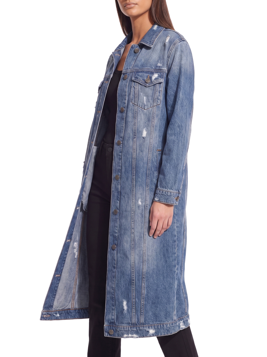 Denim duster below knee length three quarter view