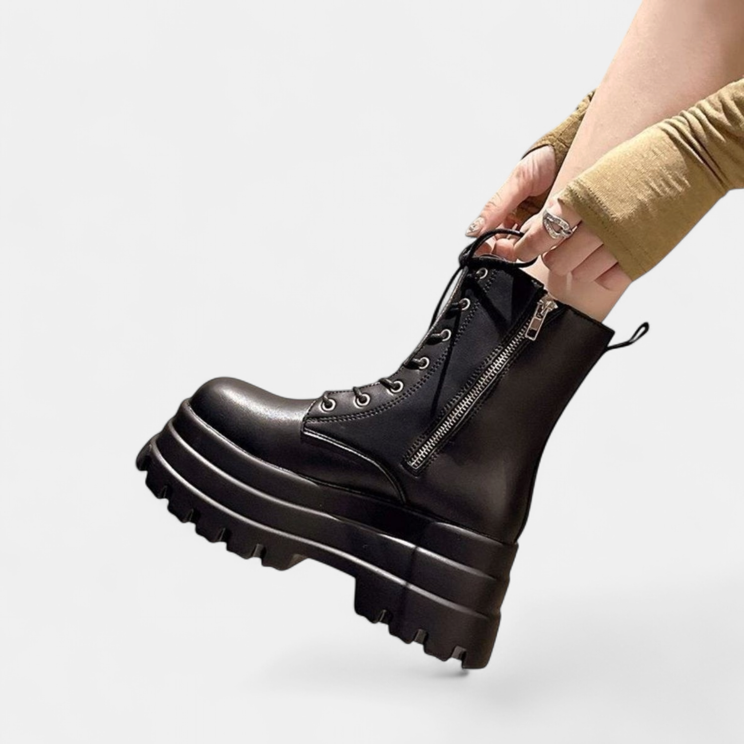 Combat platform boot lace and zip detail