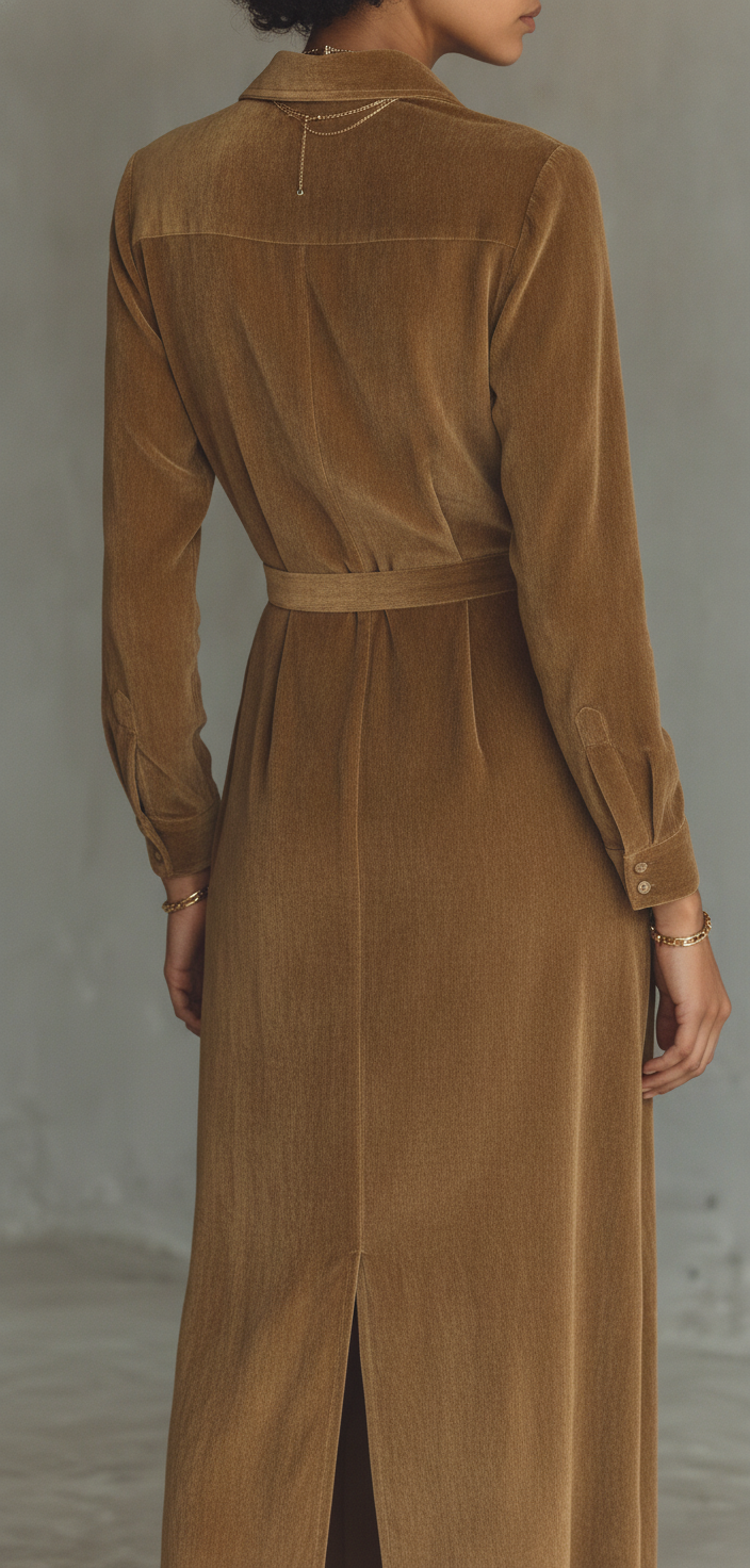 Women’s Faux Suede Lapel Belted Maxi Dress – Long Sleeve Formal