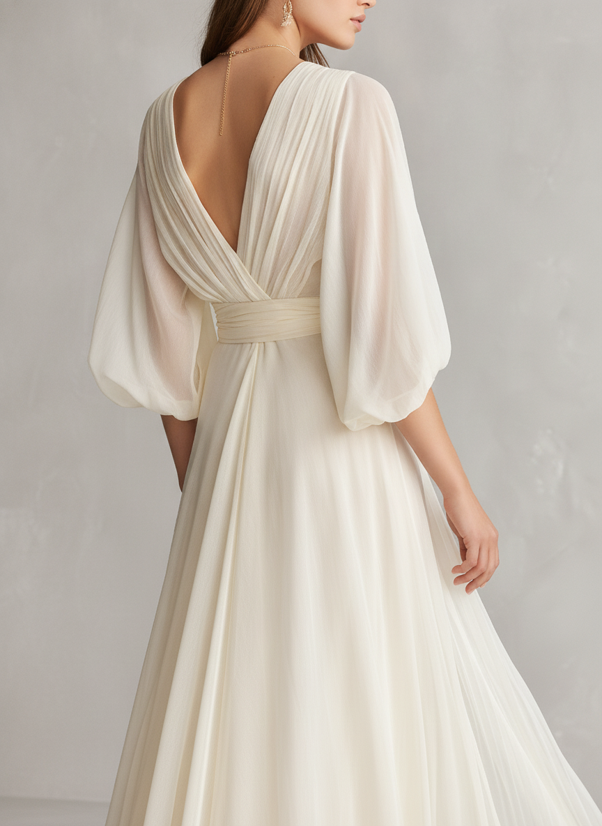 Women’s Ivory Sheer Chiffon Puff Sleeve Wrap Maxi Dress – Romantic Luxe Elegance