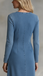 Denim Maxi Dress for Women with Deep V Neck & High Slit | Stylish Long-Sleeved Design for Everyday Fashion