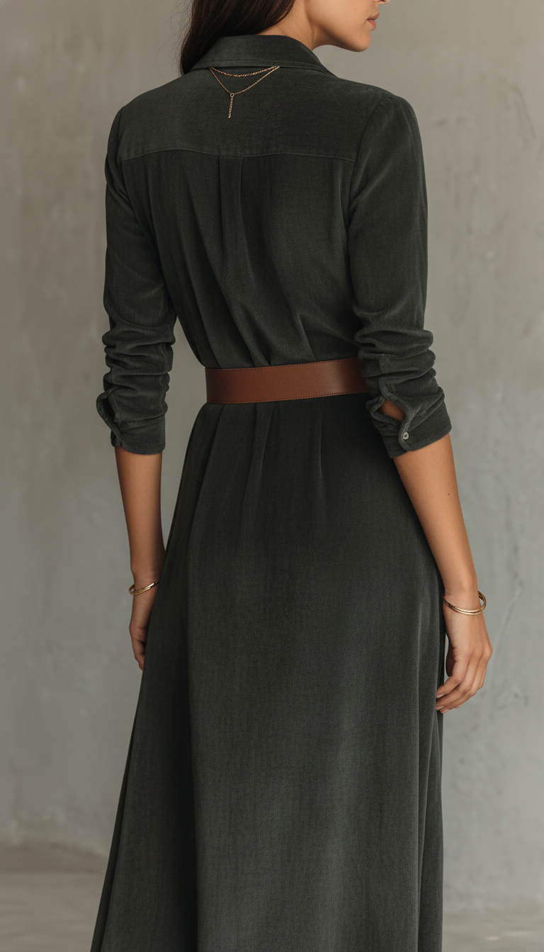 Women’s Belted Faux Suede Maxi Dress – Button Front Long Sleeve Dress