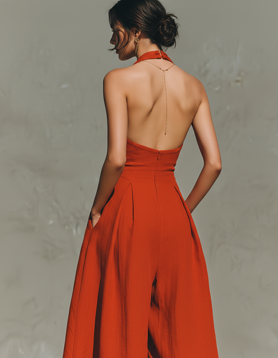 Red pleated maxi dress styled for a beach resort vacation