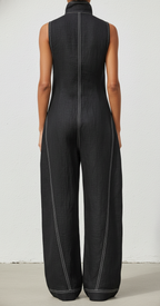 Women’s Minimalist Sleeveless Wide-Leg Jumpsuit – Contrast Trim Zipper Neck