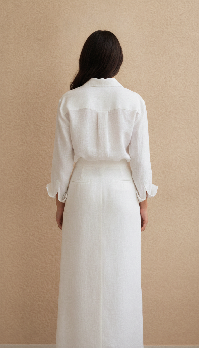 Full length womens linen shirt and maxi skirt outfit