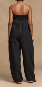 Women’s Strapless Linen Blend Jumpsuit – Minimalist Tie-Front Loose Fit Full-Length