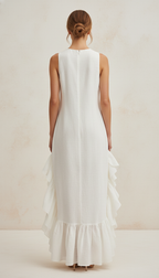 Women’s Ivory Linen Sleeveless Maxi Dress – Round Neck with Ruffle Hem
