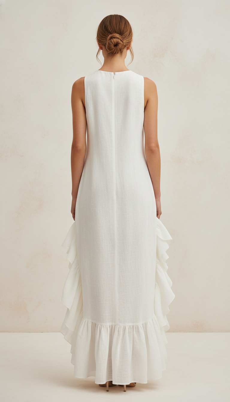 Women’s Ivory Linen Sleeveless Maxi Dress – Round Neck with Ruffle Hem