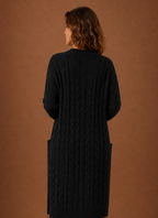 Black cable knit hooded cardigan back view