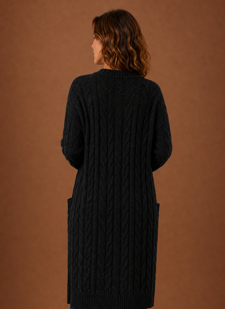 Black cable knit hooded cardigan back view