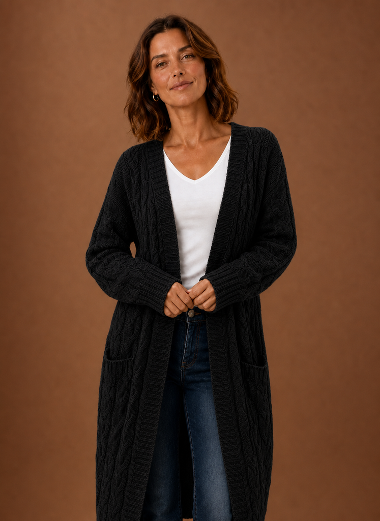 Black chunky cable knit hooded longline duster cardigan front view